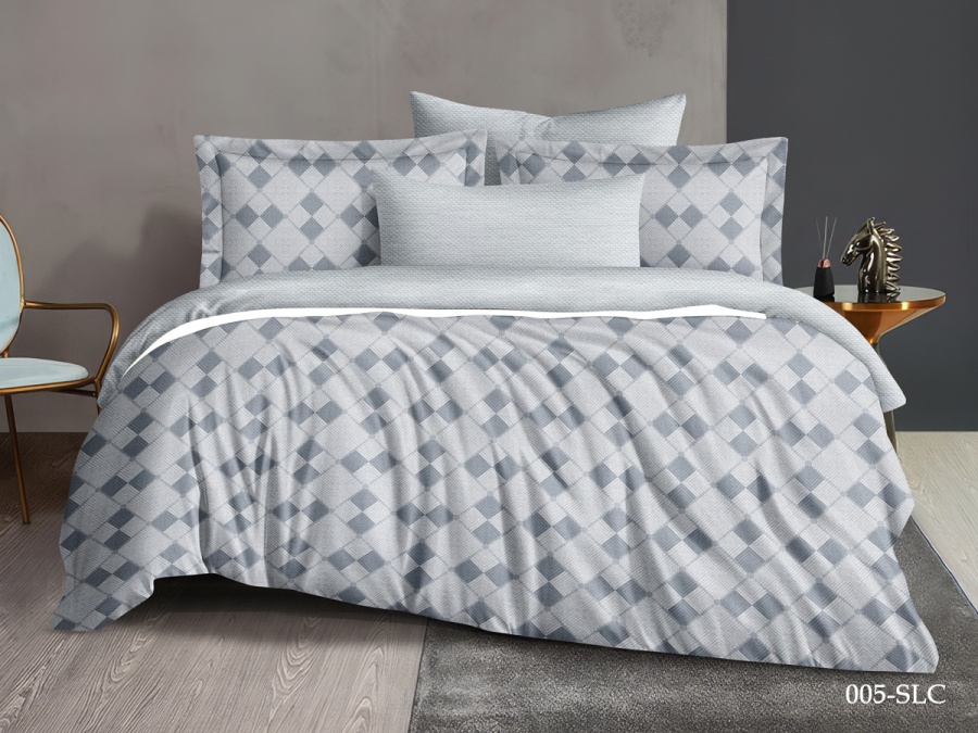 КПБ Cleo сатин набивной "Satin Lux" полуторный 145*215*1 150*220*1(±5) 70*70*2(±2) (15/005-SL, Клетка, Серый)