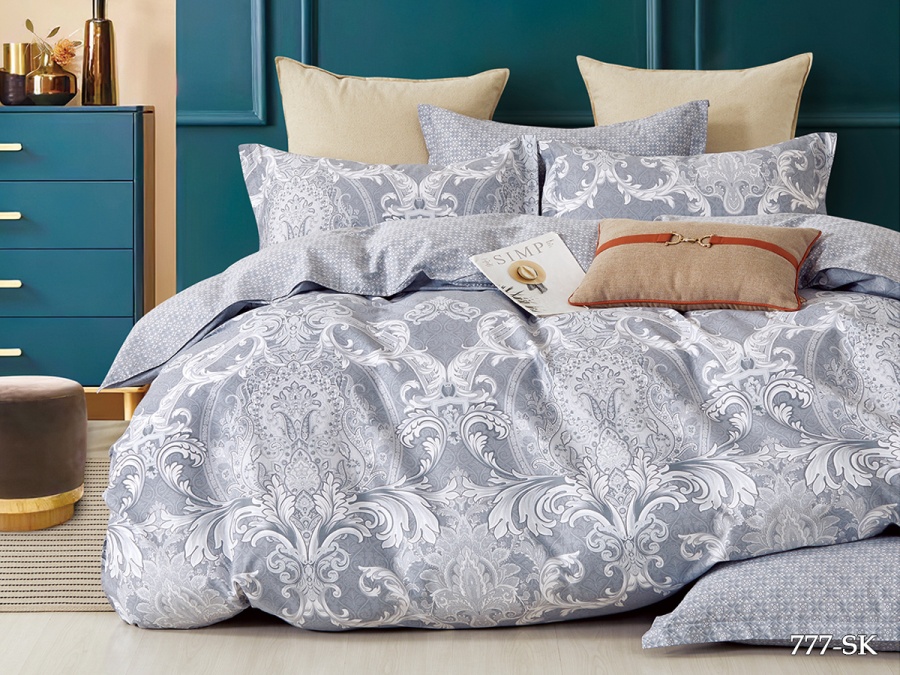 КПБ Cleo сатин набивной "Satin de Luxe" полуторный 150*210*1 160*230*1(±5) 50*70*2(±2) (16/777-SK, Узоры, Серый)