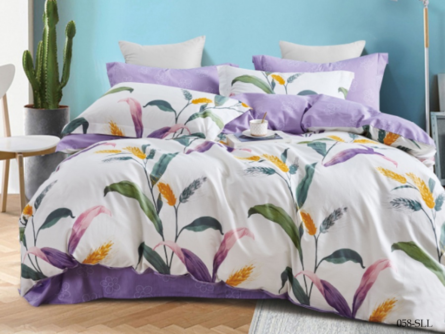 КПБ Cleo сатин набивной "Satin euro max" двуспальный 175*215*1 200*220*1(±5) 50*70*2(±2) (22/058-SLL, Растения, Мультиколор)